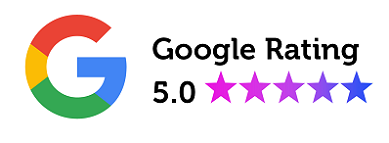 Google review image graphic showing 5 point zero and five gold stars