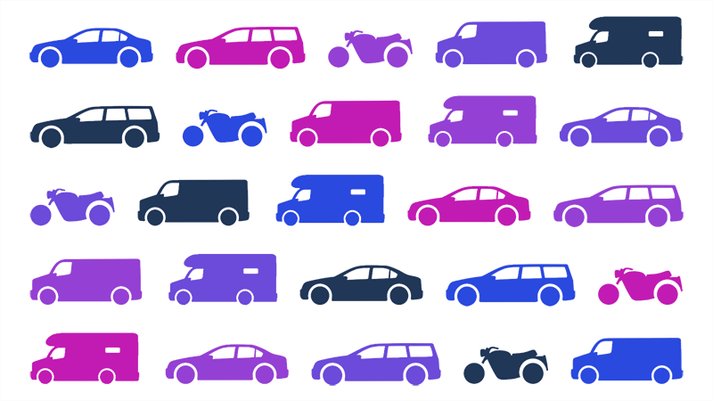 A repeating illustration of different types of vehicle in the Creditplus colours